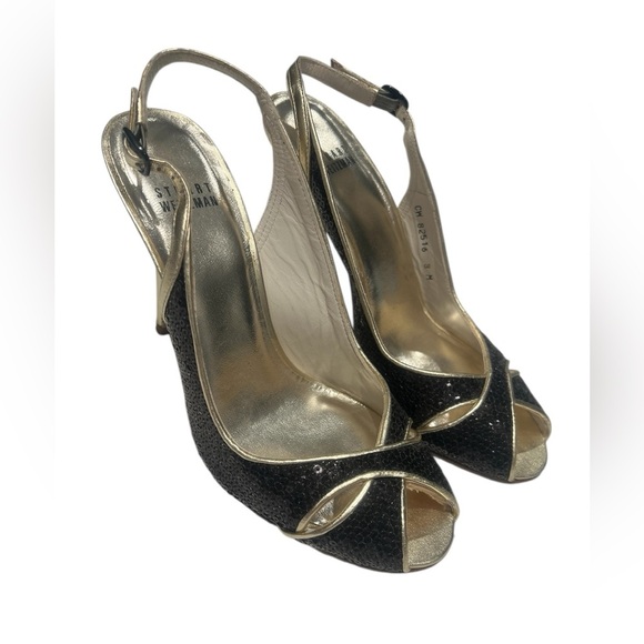 Stuart Weitzman Black & Gold Glitter Slingback Heels – Size 8 - Picture 3 of 8